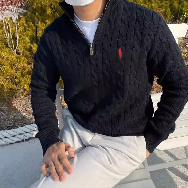 外贸修身半高领拉链男士长袖针织衫冬季polo套头加厚麻花毛衣外穿